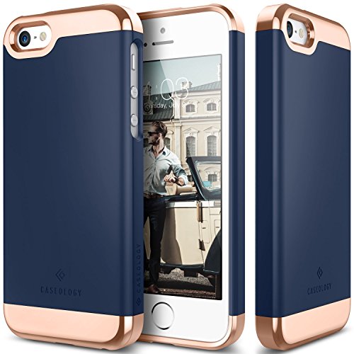 iPhone 5S Case, Caseology® [Savoy Series Case] Chrome / Microfiber Slider Case [Navy Blue] [Premium Rose Gold Case] for Apple iPhone 5S - Navy Blue