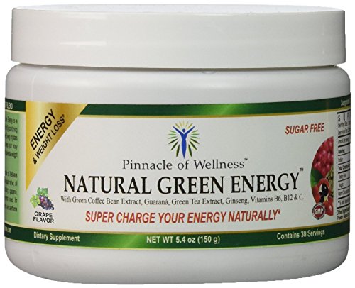 Pinnacle of Wellness Natural Green Energy Powder - Grape Flavor - 30 Servings - 5.4oz (150g) - With Pure Green Coffee Bean Extract 800mg - Green Tea Leaf - Asian Ginseng Root & Guaraná Seed - Vitamin C - B6 & B12 - Sugar Free Drink Mix