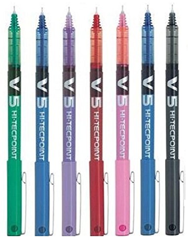 Pilot BX V5 Assorted Colour Pack Hi-Tecpoint Extra Fine Rollerball Pen 0.5mm Nib Tip 0.3mm Line Width (1 Of Each 7 Colours - Black Red Blue Green Violet Pink Light Blue)