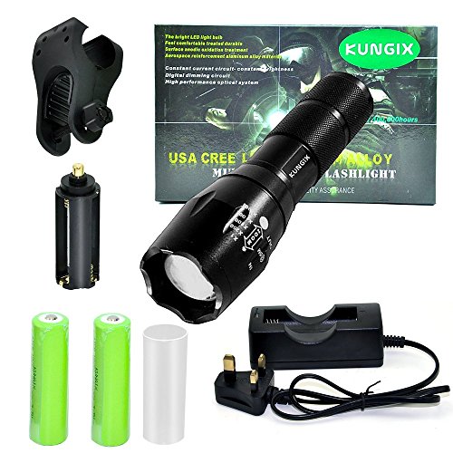 Kungix LED Tactical Flashlight Torch, XML Cree T6 1200 Lumens 5 Models Zoomable Torch, 2-Piece Rechargeable Battery, Bicycle Holder, Charger Base