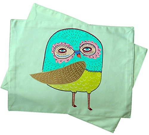 Cute Boho Owl Table Placemat - Set of 2 - Green Handmade Cotton Twill - Boho Owl | Ashley Percival | UBU Republic