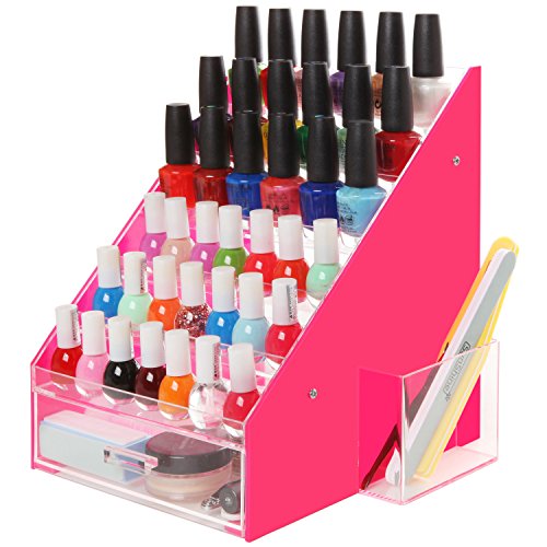 Pink & Clear 36 Bottles Acrylic Nail Polish Rack Organizer Riser Display Stand w/ Drawer and Holder Cup