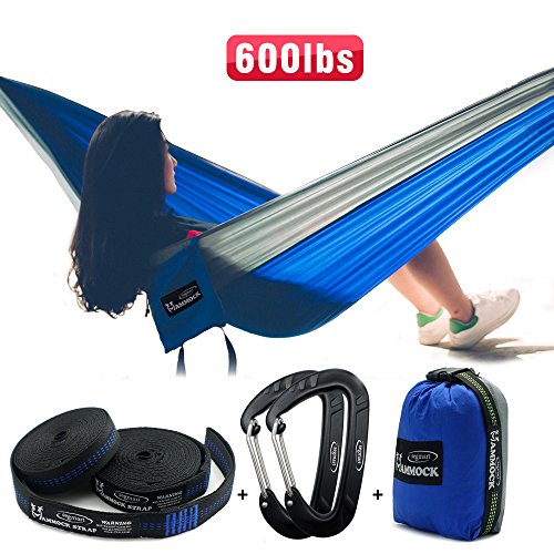 SEGMART Hammock- Portable Double Ultralight Camping, Hiking and Backpacking Parachute Hammocks with Tree Straps and Carabiners Top-Grade Quality, 600lbs(Blue/Silver)