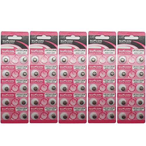 SUNCOM 5 Packs AG5 Alkaline 1.5V Button Cell Battery Single Use LR754 LR48 393-1W D309 546 393A Watch Toys Remotes Cameras