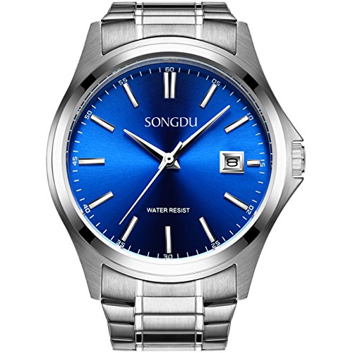 SONGDU Men's Date Stainless Steel waterproof Quartz Business Casual Wrist Watch Blue Dial