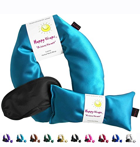 Happy Wraps® Herbal Neck Wrap w/Free Lavender Eye Pillow & Free Sleep Mask - Microwave or Freeze - Aqua Satin