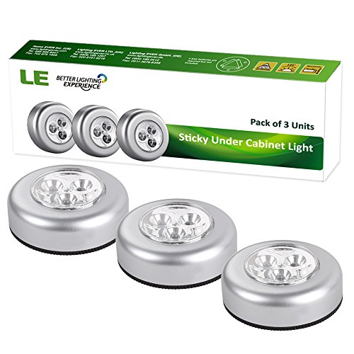 LE® Pack of 3 Units 3 LED Puck Light Bulb, Daylight White, 6000K, LED Battery-Operated Stick-On Tap Light, Wireless Night Light