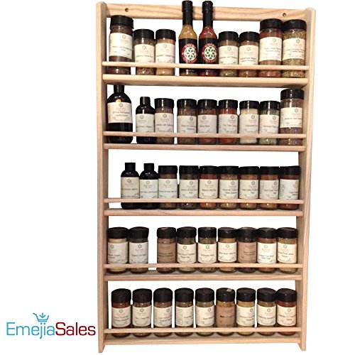 EmejiaSales Oak Spice Rack Wall Mount (5-Shelf Design), Hanging Natural Wood Organizer, Holds 45 Herb Jars - Kitchen Accessory for Seasonings