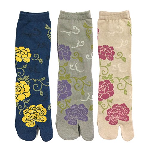 Wrapables Tabi Flip-Flop Socks (Set of 3), Rose & Peony, Dark Blue, Gray, Beige