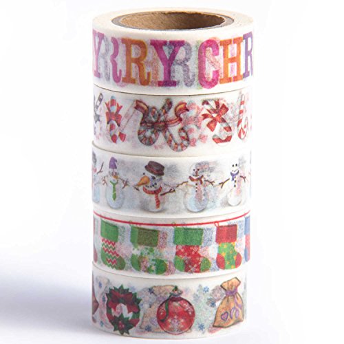 Washi Tape (Japanese Masking Tape) by MIKOKA, 0.6 Inches Wide, 32.8 Feet Long, Set of 5 - Christmas