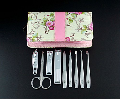 WoneNice 9pcs Flower Series Chrome Steel Manicure Pedicure Set ,Travel & Grooming Set, Personal Care Tools, Nail Scissors Nail Clippers Kit with Zipper PU Leather Case