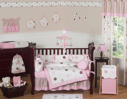 Sweet Jojo Designs Contemporary Pink and Brown Modern Polka Dot Baby Girl Bedding 9pc Crib Set