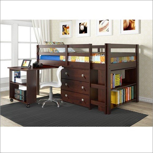 Twin Low Loft With Roll-Out Desk 3 Drawer Chest and Bookcase Cappuccino