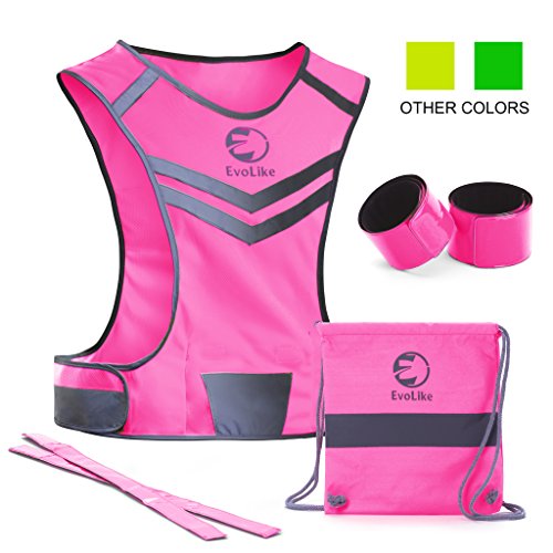 Original Women Reflective Vest of Unique Design | Running Walking Cycling Jogging Motorcycle | Full High Visibility Gear Kit including 4 Wristbands and Bag | Fluorescent Pink | Size L/XL