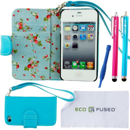 Eco-Fused Genuine Blue leather Wallet Case for Apple iPhone 4G / 4S with inner Floral print / Lanyard / 2 Stylus / Case Opening Tool / Microfiber Cleaning Cloth Included