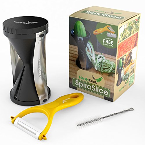 Handycook Spiral Slicer - Best Compact Zucchini Pasta Maker - Includes Free Vegetable Peeler, Cleaning Brush and Recipe Cookbook - Enjoy Your Veggie Noodles Now