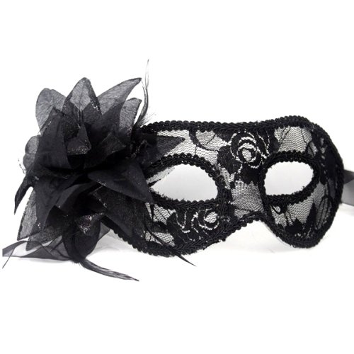 Venetian Lace Mask with Flower for Masquerades, Costume Balls, Prom, Mardi Gras (Black)