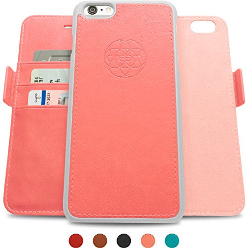 Dreem Fibonacci iP6V4 Wallet Case with Detachable Folio, Premium Vegan Leather, 2 Kickstands, Gift Box, for iPhone 6/6s - Coral Pink