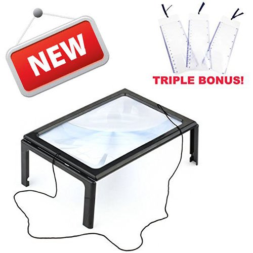 Hands-free Full Page Magnifier for Reading with LED Lights - Powerful 3x Magnification - Has Flip Out Legs That Can Stand Over Document - Comes with Neck Cord and 3 Bonus Bookmark Magnifiers