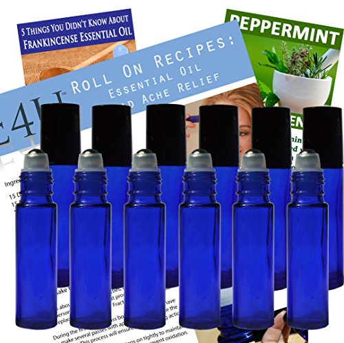 12 New Glass Roll-On Bottles, Solid Blue Roll On, Steel Rollers, 10 ml Roller Bottle for Aromatherapy and Using Essential Oils, Refillable Cosmetic Container, Precision Chrome Metal Ball Applicator, Dropper Included