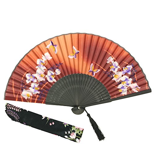 OMyTea® Hand Held Silk Folding Fans with Bamboo Frame - With a Fabric Sleeve for Protection for Gifts - 100% Handmade Oriental Chinese / Japanese Vintage Retro Style - For Women Ladys Girls (WZS-23)
