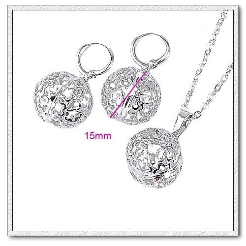 Platinum Plated Hollow Flowers Ball Drop Jewellery Set Earrings & Necklace with Pendant S296
