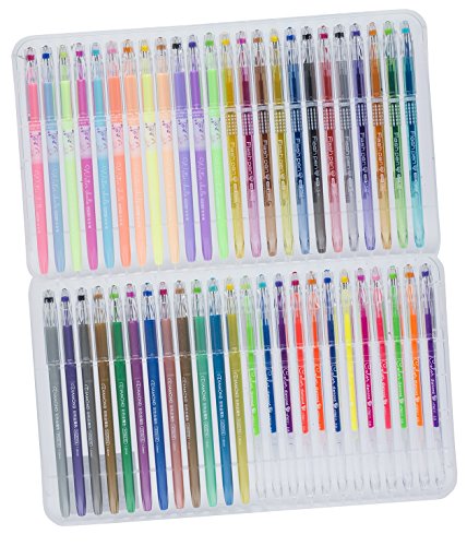 Set Of 48 Gel Pens- Designed For Adult Coloring: Intricate Detail Nib, Guaranteed Never To Bleed Or Blob. New Long-Lasting Ink Technology, 4 Bold Styles: Metallic, Glitter, Neon, WaterChalk.