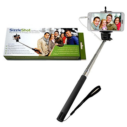 SizzleShotTM Selfie Stick monopod. Plug and shoot. Quick, simple and reliable. Just insert the wire plug into your cell's headphone jack and take pictures with the remote shutter control on the handle. No recharging or pairing required. Adapter mount for cell phone or camera. Take the best photos and videos with your Apple iPhone 6, 5 or 4, Samsung Galaxy 5 or 4 and other Android phones. Limited time offer for bonus photo app. Great products with great service from Nashville, Music City USA. Satisfaction guaranteed.