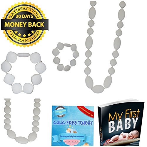 White Silicone Teething Necklace & Bracelet for Mom to Wear. Reduce Teething Pain, Drooling & Fussiness. Baby Teether Necklace Toy - A Baby Shower Gift. Baby Teething Necklace Set Like Baltic Amber Necklace