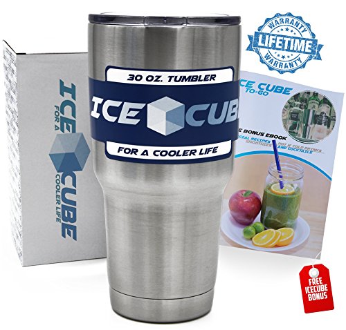 IceCube Tumbler - 30 Oz Premium Stainless Steel Double Wall Vacuum Insulated Travel Cup, Keeps Hot and Cold Drinks - BPA Free Clear Lid and Curved Straw - Thermal Coffee Mug - Lifetime Warranty