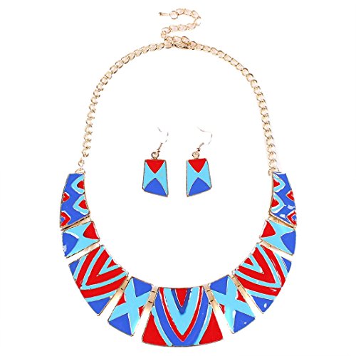 Qiyun (TM) Lucky Totem Tribal Red Blue Geometric Bib Statement Necklace Earrings Set
