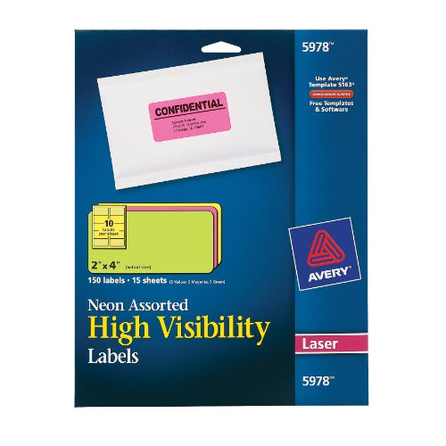 Avery High Visibility 2 x 4 Inch Labels, Assorted Fluorescent Colors 150 Pack (5978)