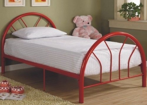Roundhill Furniture Belledica Metal Bed Set with Headboard, Footboard and Slats, Twin, Red