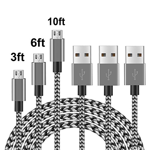 Micro USB Cable, COCOFU 3FT 6FT 10FT Extra Long Nylon Braided Universal Micro USB Charger High Speed Sync&Charge Cord Wire for Android, Samsung, HTC, Motorola, Nokia and More (Black+Gray)