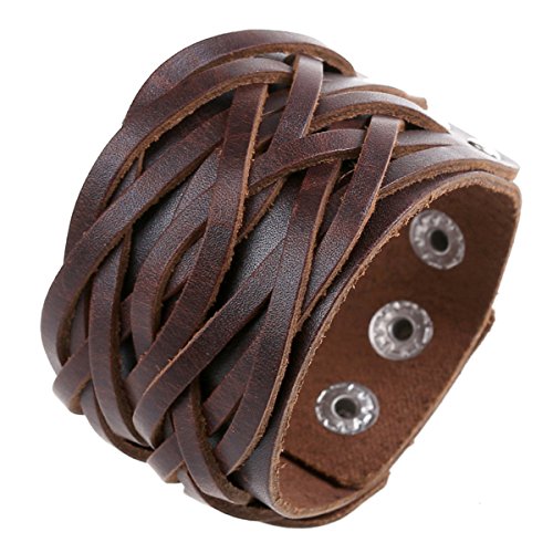 NIANPU Men's Alloy Genuine Leather Bracelet Bangle Cuff Brown Punk Rock Adjustable Fit 7~9 inch