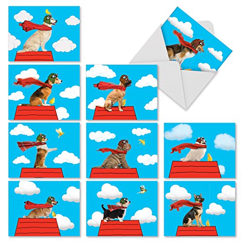 M2350OCB Comical Canines: 10 Assorted Blank All-Occasion Note Cards Featuring Various Dogs Pretending to Fly on Top of a Doghouse,w/White Envelopes.
