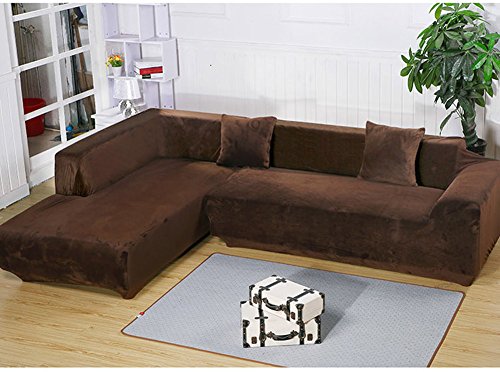 Getmorebeauty L Shape Sectional Thick Plush Velvet Couch Stretch Sofa Cover (Coffee, L Shape 3+3 seats)