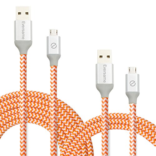 USB Cables, Eversame 2-Pack (3ft, 6ft) Premium Nylon Braided USB 2.0 A Male to Micro B Sync and Charge Orange Cables For Android, Samsung Galaxy S6 Edge Plus/Note 5, HTC, LG and More[1x 3ft, 1x 6ft]