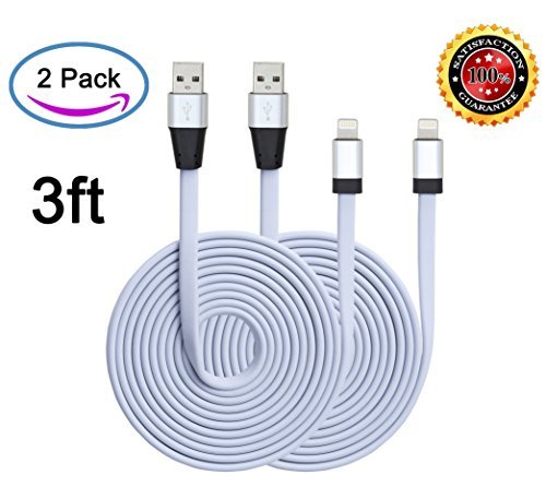 Everdigi(TM)2pcs 3ft Strengthened Standard Tangle-free Super Durable USB Charge&Sync Flat Data Cable Cord Wire - for iPhone 6s, 6s plus, 6, 6 plus, 5, 5s, 5c, iPod Touch 5, iPad 4, iPad Air, iPad Mini with Authentication Chip Ensures Fastest Charging Speed. No Annoying Error Message, Lifetime Worry-free Guaranteed. (White,2PCS)