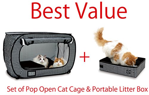 Set of Pop Open Cat Cage and Portable Litter Box (Black)
