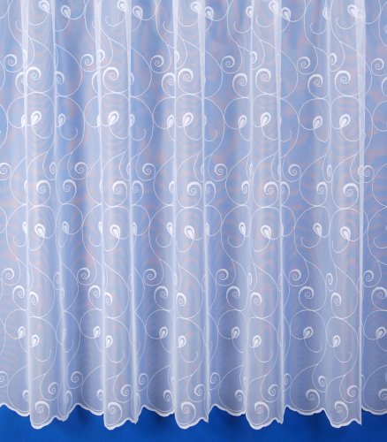 Zurich Swirl Design Fine Net Curtain. 40 inch drop. Finished in White. Sold By The Metre.