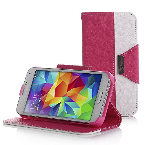 Galaxy S5 Case, isYoung® Samsung Galaxy S5 Case Cover PU Leather Wallet Case with Card Slots, Stand Feature, Magnetic Cover, Wrist strap + Screen Protector + Stylus (Rose+White)