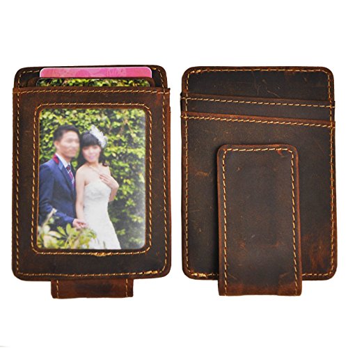 Le'aokuu Mens Genuine Leather Cowhide Clip Credit Card Case Handy Slim Wallet Magnet (Brown)