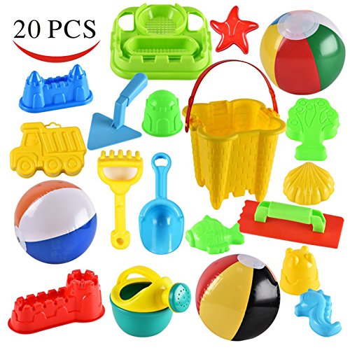Joyin Toy 20 Pieces Beach Sand Toys Set with 10 Kinetic Sand Molds, 3 Beach Balls, Castle Bucket, Brick Maker, Trowel, Shovel and Rake in Zippered Bag