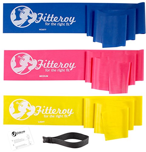 Fitteroy Flat Resistance Bands - Exercise Stretch Band Set - 3 Bands (Light, Medium, Heavy)with Door Anchor & Illustrated Instruction Sheet. Ideal for Strength Training, Pilates, & Physical Therapy