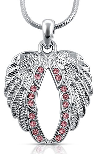 Pastel-PINK Crystal Guardian Angel-Wings/Wing Silver Tone Necklace Gift for Women, Teens and Girls