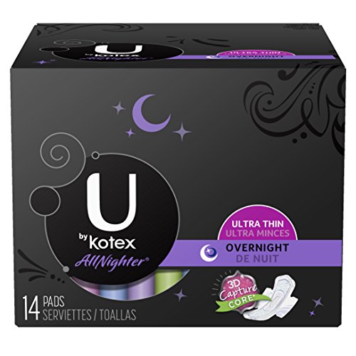 U by Kotex AllNighter Overnight Ultra Thin Pads with Wings, Unscented, 14 Count (Pack of 6)