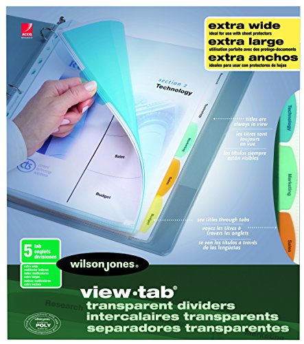 Wilson Jones View-Tab Transparent Dividers, Extra Wide, 5-Tab Set, Multicolor Square Tabs (W55069)
