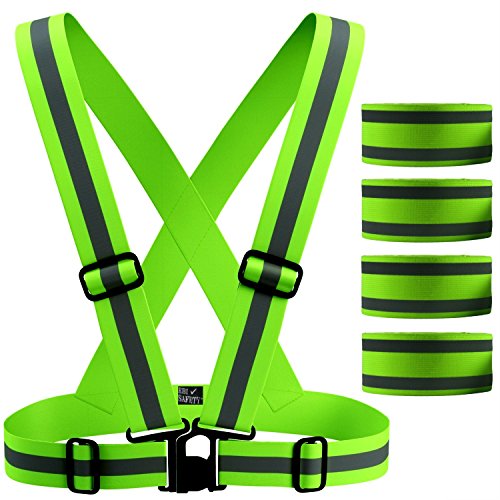 Premium Reflective Ankle Band & Vest Set (4 Bands + 1 Vest). High Visibility Safety Accessories / Gear for Outdoor Sports & Activities; Walking, Jogging, Cycling, Running, Hiking, Motorcycle Riding