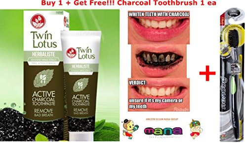 Twin Lotus Active Charcoal Toothpaste Herbaliste Triple Action 50g(net Wt. 1.8 Ounce) + Get Free Slim Soft 1 Bamboo Charcoal Toothbrush